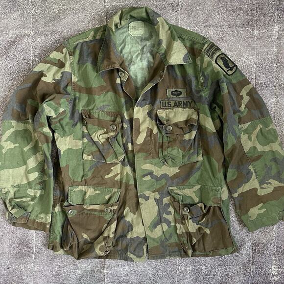 Men's Vintage 90's US Army Green Camouflage Military Button Up Shirt Jacket Sz L - Picture 1 of 6
